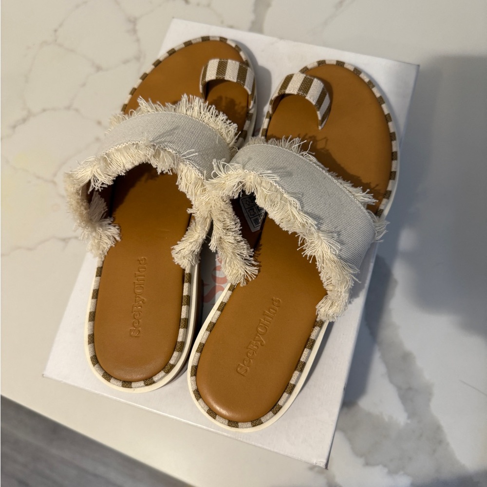 Beige and White Chloe Fringe Sandals